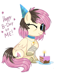 Size: 1541x1953 | Tagged: safe, artist:jennieoo, imported from derpibooru, oc, oc:gentle star, pony, birthday, birthday cake, bondage, cake, food, hat, one eye closed, party hat, solo, wink