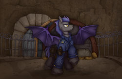 Size: 2300x1500 | Tagged: safe, artist:molars, imported from derpibooru, oc, oc only, oc:helios aster, bat pony, fallout equestria, ashes town, clothes, commission, complex background, concrete, determined, ear fluff, fallout equestria: bastion, fangs, fluffy, gun, handgun, jacket, knife, military, military uniform, multicolour mane, pistol, purple wings, rubble, shirt, solo, spread wings, tunnel, uniform, unshorn fetlocks, weapon, wings, yellow eyes