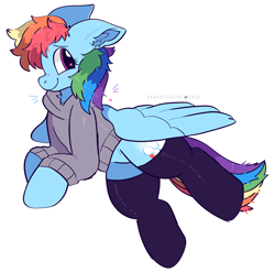 Size: 2459x2433 | Tagged: safe, artist:spookyfoxinc, imported from derpibooru, rainbow dash, pegasus, pony, blushing, clothes, female, heart, heart eyes, hoodie, mare, simple background, smiling, socks, solo, spread wings, white background, wingding eyes, wings