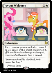 Size: 375x523 | Tagged: safe, edit, imported from derpibooru, carrot cake, pinkie pie, pound cake, pumpkin cake, earth pony, pegasus, unicorn, baby cakes, ccg, crib, foal, horn, implied princess luna, magic the gathering, maternity ward, my little pony, trading card, trading card edit, trading card game