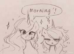 Size: 2048x1500 | Tagged: safe, artist:liaaqila, imported from derpibooru, princess celestia, princess luna, alicorn, pony, duo, duo female, eyes closed, female, mare, morning, open mouth, royal sisters, siblings, sisters, sketch, traditional art