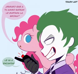 Size: 2048x1933 | Tagged: safe, artist:eltrash_art6, imported from derpibooru, pinkie pie, earth pony, pony, batman, blue background, clothes, crossover, dc comics, detonator, duo, duo male and female, evil grin, female, gloves, grin, male, mare, necktie, open mouth, shirt, simple background, smiling, spanish, suit, the joker, this will end in death, this will end in tears, this will end in tears and/or death, translated in the description