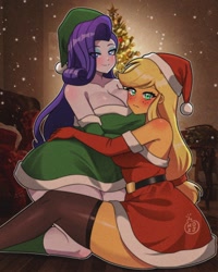 Size: 1024x1280 | Tagged: safe, artist:masterdestroyzj, imported from derpibooru, applejack, rarity, human, equestria girls, big breasts, blushing, breasts, busty applejack, busty rarity, christmas, cleavage, clothes, costume, duo, duo female, female, holiday, lesbian, rarijack, santa costume, shipping, smiling