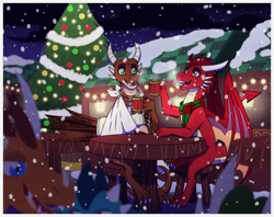 Size: 1772x1400 | Tagged: safe, artist:inuhoshi-to-darkpen, imported from derpibooru, oc, oc:ash, oc:thornacious, dragon, wyvern, bandage, broken bone, broken wing, cast, christmas market, claws, colored wings, commission, dragon oc, dragonified, injured, mulled wine, non-pony oc, nonbinary, outdoors, passepartout, sling, snow, snowfall, species swap, tail, wings