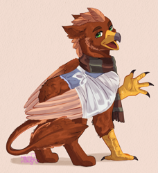 Size: 3369x3688 | Tagged: safe, artist:mesmeriz3me, imported from derpibooru, oc, oc:pavlos, griffon, bandage, beak, broken bone, broken wing, cast, cheek fluff, claws, clothes, colored wings, commission, eared griffon, griffon oc, injured, non-pony oc, nonbinary, scarf, sling, tail, vest, waving, wings