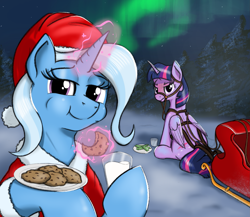 Size: 2357x2044 | Tagged: safe, artist:eels, imported from derpibooru, trixie, twilight sparkle, alicorn, pony, unicorn, christmas, clothes, cookie, costume, eating, food, glowing, glowing horn, harness, hat, holiday, hoof hold, horn, looking at someone, looking at you, magic, milk, night, outdoors, plate, santa costume, santa hat, santa's sleigh, sitting, sleigh, snow, sternocleidomastoid, tack, telekinesis, tree, twilight sparkle (alicorn), winter