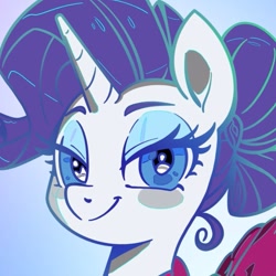 Size: 847x846 | Tagged: safe, artist:shen_hokori, imported from derpibooru, rarity, pony, unicorn, alternate hairstyle, bust, clothes, dress, female, hair bun, horn, looking at you, mare, portrait, smiling, solo