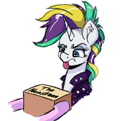 Size: 4000x4000 | Tagged: safe, artist:witchtaunter, imported from derpibooru, rarity, pony, unicorn, it isn't the mane thing about you, alternate hairstyle, box, disgusted, female, hipster, horn, mare, my little pony, offscreen character, piercing, punk, raripunk, short hair, simple background, tongue out, tongue piercing, white background