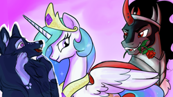 Size: 1920x1080 | Tagged: safe, artist:amanecerlobo, imported from derpibooru, king sombra, princess celestia, oc, alicorn, pony, unicorn, celestibra, female, flower, horn, male, rose, shipping, straight