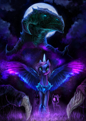 Size: 1192x1686 | Tagged: safe, artist:elkaart, imported from derpibooru, princess luna, alicorn, dragon, pony, dark, glowing, solo focus