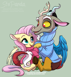 Size: 2229x2430 | Tagged: safe, artist:stepandy, imported from derpibooru, discord, fluttershy, draconequus, pegasus, pony, bottomless, clothes, deviantart, duo, female, male, nudity, partial nudity, patreon, simple background, smiling, sweater, sweatershy, watermark