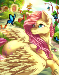 Size: 2640x3360 | Tagged: safe, artist:serenity, imported from derpibooru, fluttershy, butterfly, pony, accessory, blushing, colored pupils, cottage, cute, ear fluff, female, fluttershy's cottage, jewelry, lying down, necklace, pretty, prone, solo, speedpaint, spread wings, wingding eyes, wings