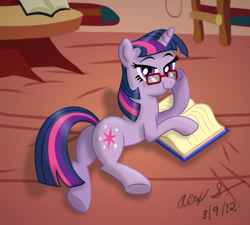 Size: 1134x1021 | Tagged: safe, artist:aleximusprime, imported from derpibooru, twilight sparkle, pony, unicorn, adorkable, book, butt, cute, dork, female, glasses, golden oaks library, horn, meganekko, plot, solo