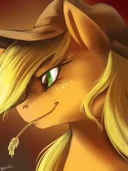 Size: 1232x1650 | Tagged: safe, artist:oblivionheart13, imported from derpibooru, applejack, earth pony, pony, bust, female, mare, portrait, solo, straw, straw in mouth