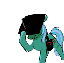 Size: 785x773 | Tagged: safe, artist:anonymous, imported from derpibooru, lyra heartstrings, pony, unicorn, bag, black hat, black hat (villainous), drawthread, female, food, hat, horn, implied expensive imported oats, l.u.l.s., mare, oats, requested art, saddle bag, simple background, solo, stealing, white background