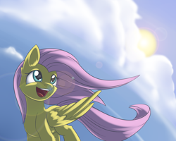 Size: 3000x2400 | Tagged: safe, artist:dusthiel, imported from derpibooru, fluttershy, pegasus, pony, cloud, female, lens flare, mare, solo, sun