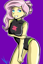 Size: 2000x3000 | Tagged: safe, artist:nolyanimeid, imported from derpibooru, fluttershy, human, equestria girls, beach shorts swimsuit, breasts, busty fluttershy, clothes, female, fluttershy's beach shorts swimsuit, fluttershy's one-piece swimsuit, looking at you, one-piece swimsuit, purple background, simple background, smiling, smiling at you, solo, swimsuit