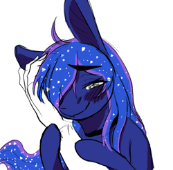 Size: 785x773 | Tagged: safe, artist:anonymous, imported from derpibooru, princess luna, pony, big ears, blushing, drawthread, duo, female, hand, mare, missing horn, offscreen character, offscreen human, ponified, requested art, simple background, white background