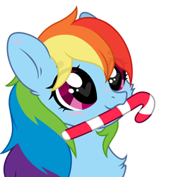 Size: 2634x2720 | Tagged: safe, artist:mint-light, artist:rioshi, artist:starshade, imported from derpibooru, rainbow dash, pegasus, pony, base used, beanbrows, blushing, bust, candy, candy cane, cheek fluff, chest fluff, commission, cute, dashabetes, eye clipping through hair, eyebrows, eyebrows visible through hair, female, food, heart, heart eyes, looking up, mare, mouth hold, never doubt blaa6 involvement, portrait, simple background, solo, white background, wingding eyes, ych result