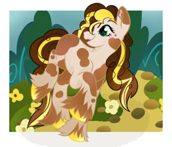 Size: 2144x1832 | Tagged: safe, artist:annuthecatgirl, imported from derpibooru, oc, oc only, curly hair, curly mane, curly tail, piebald coat, raised hoof, solo, spots, tail, unshorn fetlocks