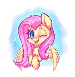 Size: 2496x2560 | Tagged: safe, artist:pinipy, imported from derpibooru, fluttershy, pegasus, pony, blushing, cute, eyebrows, female, gradient background, heart, hoof fluff, mare, one eye closed, shyabetes, simple background, solo, spread wings, unshorn fetlocks, white background, wings, wink