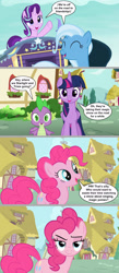 Size: 1136x2609 | Tagged: safe, artist:silverbuller, imported from derpibooru, screencap, pinkie pie, spike, starlight glimmer, trixie, twilight sparkle, alicorn, dragon, earth pony, pony, unicorn, breaking the fourth wall, comic, eyebrows, eyes closed, female, horn, lidded eyes, looking at you, mare, outdoors, ponyville, raised eyebrow, smiling, take that audience, trixie's wagon, twilight sparkle (alicorn), wagon