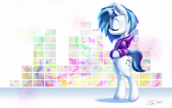 Size: 1500x950 | Tagged: safe, artist:tsitra360, imported from derpibooru, dj pon-3, vinyl scratch, pony, background pony, bipedal, chromatic aberration, clothes, earbuds, eyes closed, female, listening, music, signature, solo, sweater, visualizer