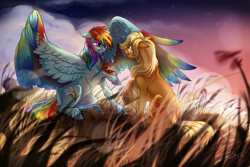 Size: 1417x945 | Tagged: safe, artist:cigarscigarettes, imported from derpibooru, applejack, rainbow dash, earth pony, pegasus, pony, appledash, blushing, colored wings, crying, female, jewelry, large wings, lesbian, mare, marriage proposal, multicolored wings, rainbow feathers, rainbow wings, ring, shipping, spread wings, unshorn fetlocks, wings