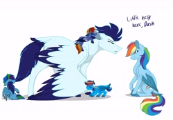 Size: 9600x6700 | Tagged: safe, artist:colourstrike, imported from derpibooru, rainbow dash, soarin', oc, oc:glider sora dash, oc:hurricane, oc:storm, pegasus, pony, biting, colored wings, colored wingtips, cute, daddy soarin', dialogue, ear bite, female, grin, male, offspring, parent:rainbow dash, parent:soarin', parents:soarindash, shipping, simple background, size difference, smiling, smoldash, soarindash, straight, tail, tail bite, tail feathers, unshorn fetlocks, white background, wing bite, wings