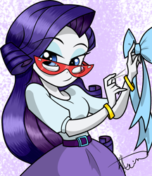 Size: 2278x2632 | Tagged: safe, artist:alligatorgummy, artist:lunchie, imported from derpibooru, rarity, human, equestria girls, abstract background, belt, belt buckle, bow, bracelet, buckle, credits, eyebrows, eyebrows visible through hair, female, jewelry, my little pony equestria girls: rainbow rocks, shine like rainbows, solo