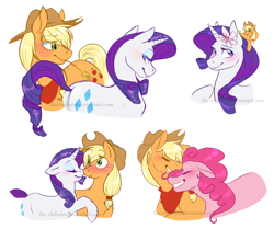 Size: 1100x920 | Tagged: safe, artist:the-chibster, imported from derpibooru, applejack, pinkie pie, rarity, earth pony, pony, unicorn, applepie, appletini, blushing, female, flower, flower in hair, horn, lesbian, mare, micro, polyamory, rarijack, shipping, trio