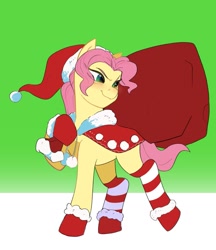 Size: 1607x1862 | Tagged: safe, artist:aztrial, imported from derpibooru, earth pony, pony, bag, boots, christmas, clothes, cosplay, costume, crossover, female, g5, gloves, hat, holiday, mare, posey bloom, santa hat, shoes, socks, solo, striped socks, the grinch