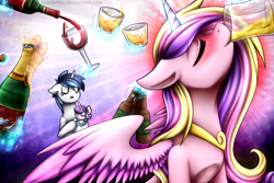 Size: 1080x720 | Tagged: safe, artist:jadekettu, imported from derpibooru, princess cadance, princess flurry heart, shining armor, alicorn, pony, alcohol, baby, baby pony, beer, blushing, champagne, drink, drinking, drunk, drunk cadance, drunk princess, eyes closed, glass, human shoulders, ice, open mouth, ribcage, shot glass, sleeping, wine