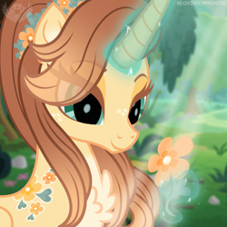 Size: 2000x2000 | Tagged: safe, artist:lovinglypromise, imported from derpibooru, oc, oc:marigold flair, pony, unicorn, female, flower, horn, magic, mare, solo