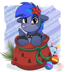 Size: 1822x1999 | Tagged: safe, artist:joaothejohn, imported from derpibooru, oc, oc only, oc:proffy floyd, bat pony, hybrid, pegasus, pony, candy, candy cane, christmas, christmas lights, christmas ornament, commission, cute, decoration, floppy ears, food, holiday, looking at you, pegabat, pegasus oc, santa sack, text, wings, ych result