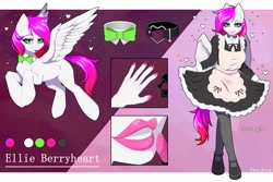 Size: 2560x1707 | Tagged: safe, artist:villjulie, imported from derpibooru, oc, oc only, oc:ellie berryheart, anthro, pegasus, abstract background, apron, black eyeshadow, bowtie, clothes, collar, eyeshadow, female, green eyes, heels on a horse, housewife, lipstick, looking at you, maid, makeup, manicure, milf, nails, reference, smiley face, socks, solo, sponge, stockings, thigh highs, tongue out, varnish, white wings, wings