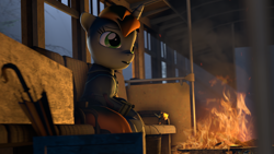 Size: 1920x1080 | Tagged: safe, artist:retro0range, imported from derpibooru, oc, oc:littlepip, fallout equestria, 3d, campfire, chair, clothes, jacket, overalls, pipbuck, solo, suit, train, umbrella, wagon, window