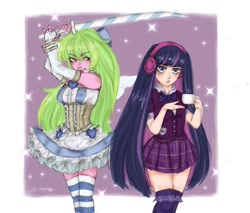 Size: 750x640 | Tagged: safe, artist:l3montina, imported from derpibooru, lemon zest, human, equestria girls, clothes, clothes swap, crystal prep academy uniform, cup, duo, female, headphones, holiday, panty and stocking with garterbelt, school uniform, signature, socks, stockings, sword, teacup, thigh highs, weapon