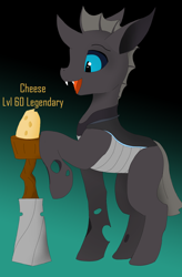 Size: 1600x2432 | Tagged: safe, artist:puginpocket, imported from derpibooru, oc, oc only, oc:lunason, changeling, changeling oc, cheese, excited, folded wings, food, gradient background, happy, legendary, looking at something, male, pedestal, raised hoof, smiling, solo, standing, text, wings