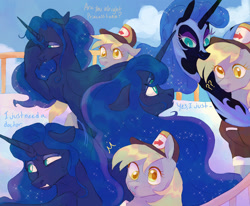 Size: 1700x1400 | Tagged: safe, artist:abbytabbys, imported from derpibooru, derpy hooves, nightmare moon, princess luna, alicorn, pegasus, pony, fanfic:broken destiny, alternate universe, black coat, blonde mane, blue coat, blue mane, blue sky, blue tail, blue text, blush lines, blush scribble, blushing, broken destiny au, canterlot castle, clothes, cloud, colored eyebrows, colored eyelashes, colored pupils, day, derp, dialogue, duo, duo female, emanata, ethereal mane, eyebrows, eyebrows visible through hair, eyelashes, eyeshadow, fanfic art, female, floppy ears, flowing mane, flowing tail, folded wings, frown, gray coat, hallucination, hat, helmet, horn, lesbian, lidded eyes, long horn, looking at someone, lunaderp, mailmare, mailmare hat, mailmare uniform, makeup, mare, missing accessory, nightmare moon armor, open frown, open mouth, outdoors, plewds, profile, purple eyelashes, purple eyeshadow, question mark, rubbing eyes, shiny mane, shipping, shocked, sparkles, sparkly mane, sparkly tail, starry mane, starry tail, sweat, tail, talking, teal eyes, three quarter view, tired, turned head, uniform, white pupils, wings, worried, yellow eyelashes, yellow eyes, yellow pupils, yellow text