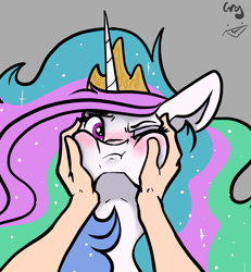 Size: 1452x1569 | Tagged: dead source, safe, artist:greyscaleart, imported from derpibooru, princess celestia, alicorn, human, pony, :t, annoyed, blushing, bust, cheek squish, crown, cute, cutelestia, ethereal mane, featured image, female, floppy ears, frown, gray background, greyscaleart is trying to murder us, jewelry, looking at you, majestic as fuck, mare, messy mane, offscreen character, one eye closed, pov, puffy cheeks, regalia, rubbing, signature, simple background, solo focus, sparkles, sparkly mane, squishy cheeks, starry mane, sweet dreams fuel, this will end in death, this will end in tears, this will end in tears and/or a journey to the moon, this will end in tears and/or death, this will end well, wide eyes, wink