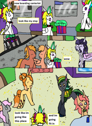 Size: 1246x1690 | Tagged: safe, artist:ask-luciavampire, imported from derpibooru, oc, oc:cinnamon vanilla melody, oc:drive, oc:ellen mina, oc:terra, alicorn, earth pony, pegasus, pony, unicorn, canterlot, changeling hybrid, comic, comic page, dragon hybrid, horn, multiple heads, tumblr, tumblr:ask-myth-melody-ponys, two heads