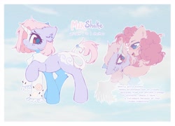 Size: 3700x2670 | Tagged: safe, artist:mirtash, imported from derpibooru, pinkie pie, oc, oc:milkshake (mirtash), pony, unicorn, artificial wings, augmented, bags under eyes, big eyes, blank flank, blaze (coat marking), blue eyes, blue pupils, blue sky, blushing, brown eyes, canon x oc, clothes, coat markings, colored eyelashes, colored horn, colored pupils, curly mane, day, drool, drool string, ear fluff, ear piercing, earring, eyelashes, facial markings, female, female oc, frown, high res, hock fluff, hoof under chin, horn, jewelry, lavender coat, leonine tail, lesbian, lidded eyes, looking at each other, looking at someone, looking back, magic, magic wings, mare, mare oc, open mouth, open smile, piercing, pink coat, pink mane, pink tail, profile, purple coat, purple eyelashes, purple text, raised hoof, reference sheet, scarf, shiny eyes, short mane, sky background, smiling, smiling at someone, solo focus, standing, standing on three hooves, tail, text, thin tail, tongue out, two toned tail, unicorn horn, unicorn oc, white scarf, wings