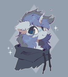 Size: 1354x1534 | Tagged: safe, artist:mirtash, imported from derpibooru, oc, oc only, oc:fef, pony, unicorn, bags under eyes, blue blush, blue coat, blue pupils, blush lines, blushing, bust, chest fluff, clothes, colored pupils, ear fluff, emanata, eyebrows, eyebrows visible through hair, floppy ears, fluffy, fluffy mane, gray eyes, gray hoodie, hoodie, horn, lidded eyes, light blue coat, long mane, long mane male, looking back, male, male oc, outline, passepartout, ponysona, shaggy mane, shiny eyes, shiny mane, smiling, solo, sparkles, stallion, stallion oc, three quarter view, two toned mane, unicorn horn, unicorn oc