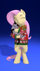 Size: 2160x3840 | Tagged: safe, artist:owlpirate, imported from derpibooru, fluttershy, cat, pegasus, pony, 3d, 4k, bipedal, christmas, christmas sweater, clothes, cute, daaaaaaaaaaaw, eyes closed, female, gradient background, high res, holiday, hug, mare, shyabetes, smiling, solo, source filmmaker, sweater