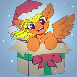 Size: 3000x3000 | Tagged: safe, artist:chaosangeldesu, imported from derpibooru, oc, oc only, pegasus, pony, blushing, box, christmas, commission, cute, female, hat, heart, heart eyes, holiday, looking at you, mare, santa hat, sketch, smiling, smiling at you, snow, solo, wingding eyes, ych result