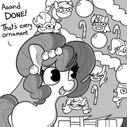 Size: 1500x1500 | Tagged: safe, artist:tjpones, imported from derpibooru, applejack, discord, fluttershy, pinkie pie, rainbow dash, rarity, twilight sparkle, oc, oc only, oc:brownie bun, earth pony, pony, black and white, candy, candy cane, christmas, christmas ornament, christmas tree, decoration, dialogue, female, food, grayscale, holiday, mane six, mare, monochrome, open mouth, open smile, smiling, solo, tree