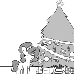 Size: 1500x1500 | Tagged: safe, artist:tjpones, imported from derpibooru, applejack, discord, fluttershy, marble pie, pinkie pie, rainbow dash, rarity, twilight sparkle, oc, oc only, oc:brownie bun, earth pony, pony, angel, black and white, candy, candy cane, christmas, christmas ornament, christmas tree, decoration, eyes closed, female, food, grayscale, holiday, mane six, mare, monochrome, present, smiling, solo, tree, tree topper