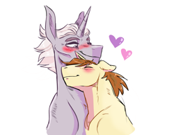 Size: 4555x3555 | Tagged: safe, artist:lauradoesdoodles, imported from derpibooru, donut joe, zesty gourmand, pony, unicorn, blushing, crack shipping, duo, duo male and female, eyes closed, female, floating heart, heart, horn, male, mare, nuzzling, shipping, simple background, smiling, stallion, straight, white background