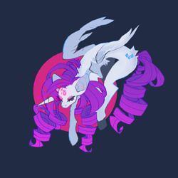 Size: 1134x1134 | Tagged: safe, artist:cutesykill, imported from derpibooru, rarity, alicorn, pony, alicornified, big ears, blood, circle background, colored pinnae, concave belly, cut horn, eyes closed, female, gradient mane, gradient tail, horn, horn removal, leg fluff, long legs, long mane, long tail, mare, no mouth, partially open wings, purple mane, purple tail, race swap, raricorn, ringlets, slender, solo, tail, thick eyelashes, thin, thin wings, three quarter view, unicorn horn, white coat, wings